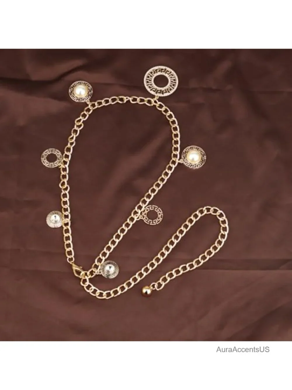 Vintage Gold Waist Chain Belt Greek Key Dangle Pendant Metal Punk Concho